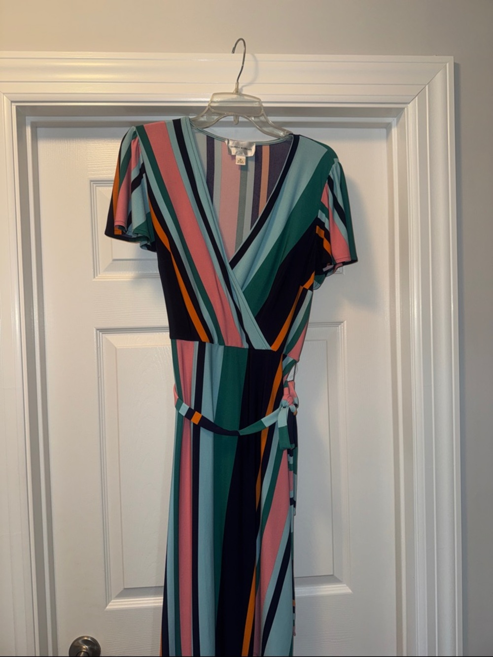 Donna Morgan Striped Wrap Maxi Dress in Teal, Pink & Navy